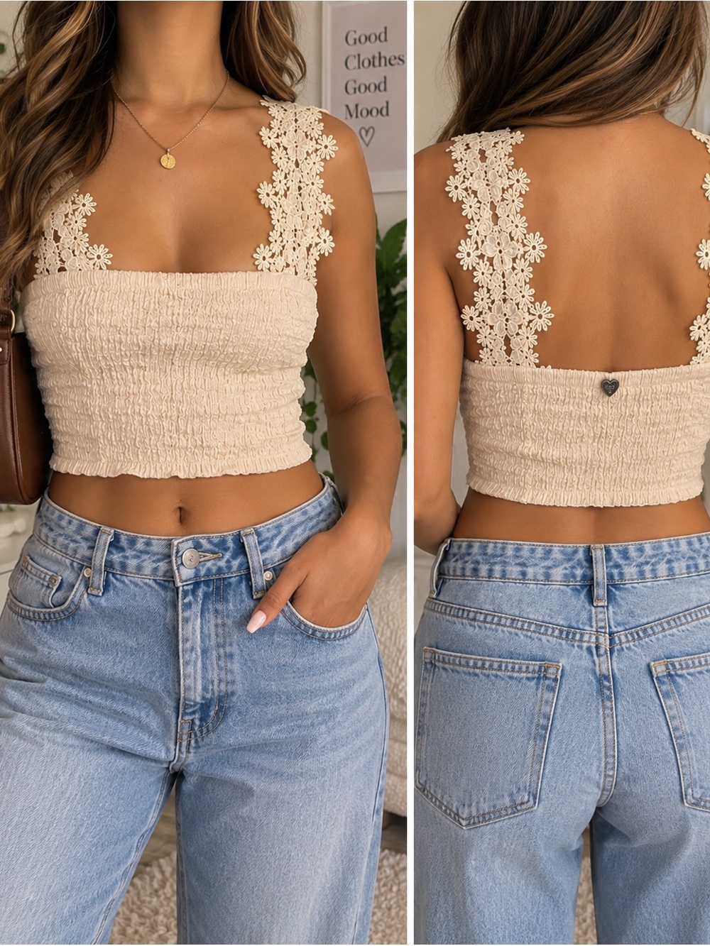 ZL Made With Love Cream Floral Lace Strap Smocked Crop Top Size Small